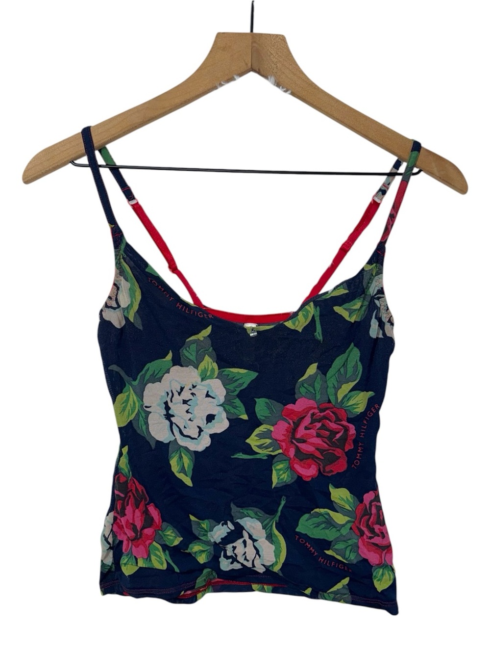 Vtg Y2k Floral Semi Sheer Tommy Hilfiger Camisole Baby Tank Mesh Navy Dark Fairy